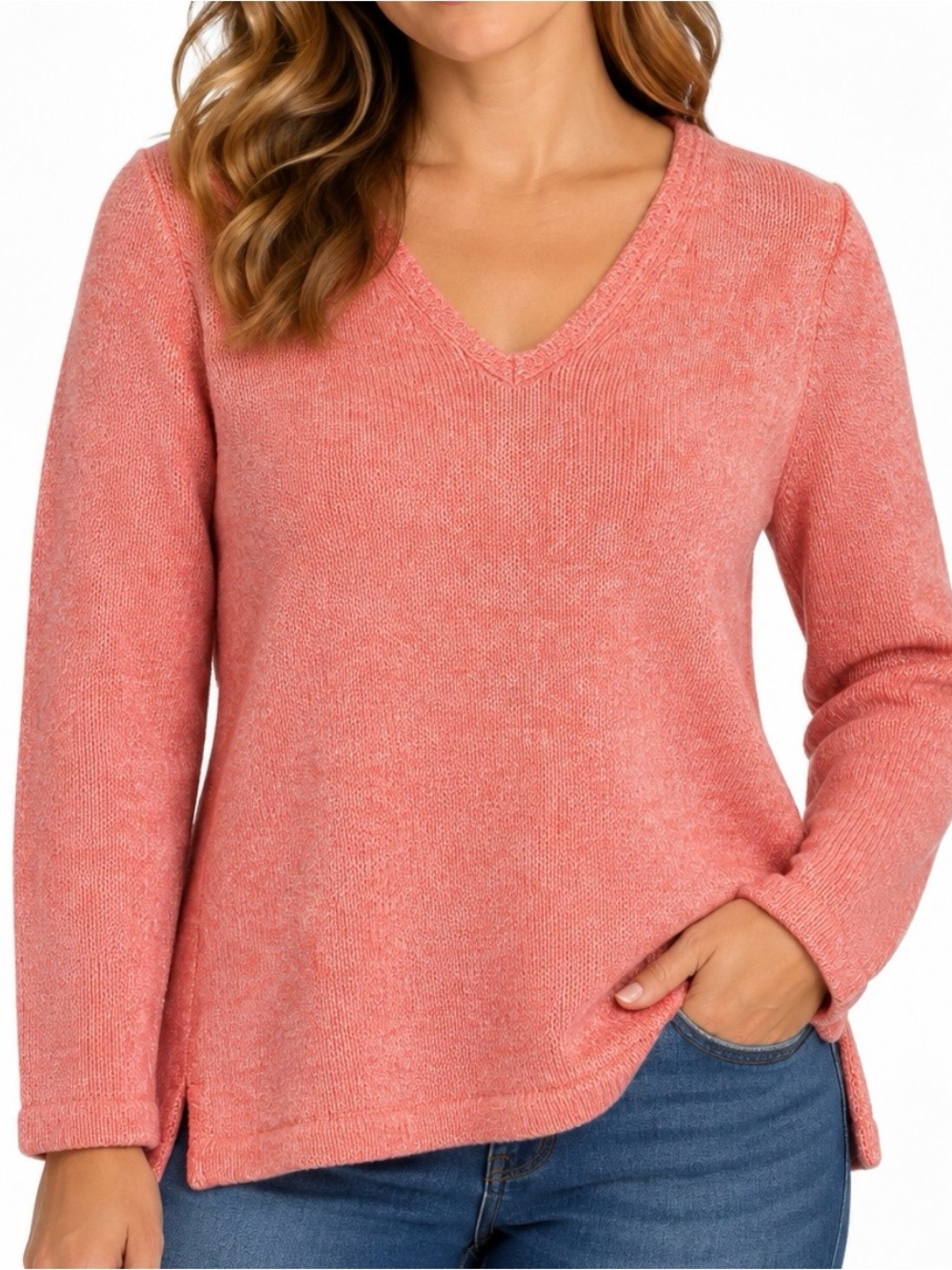 LL Bean Orange Marled Chunky Knit Cotton V Neck Pullover‎ Tunic Sweater SMALL